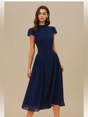 Navy Blue Puffed Sleeve Midi Dress